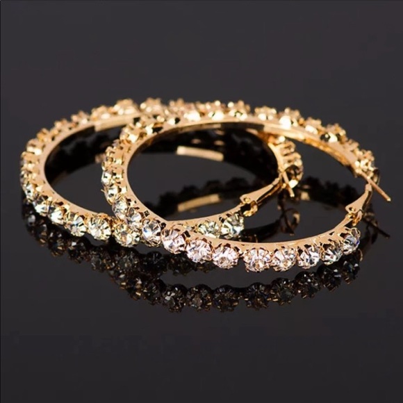 NEW GOLD ROUND HOOP DIAMOND EARRINGS - Picture 3 of 5
